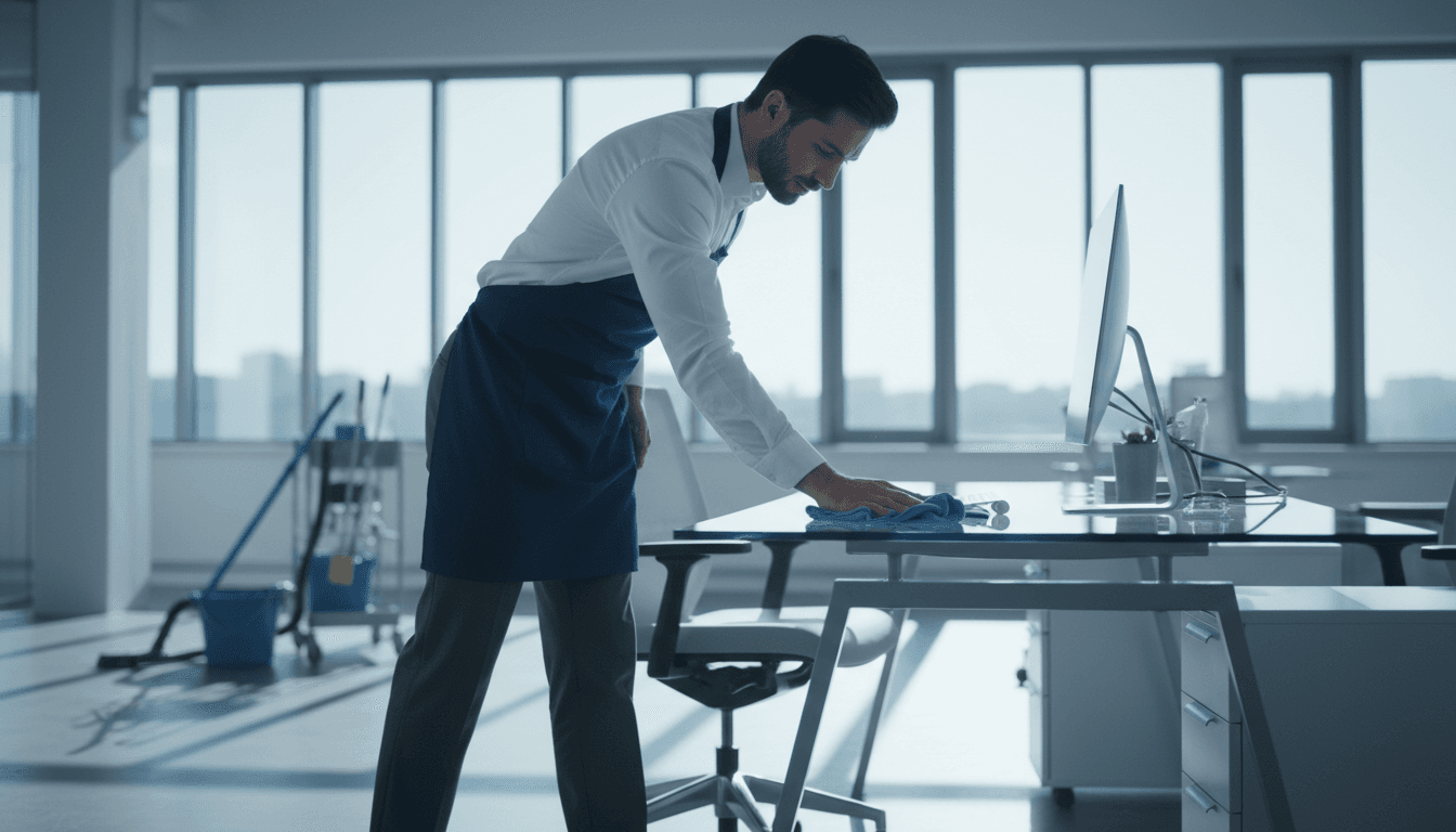 Kantoor schoonmaak en desinfectie van werkoppervlakken