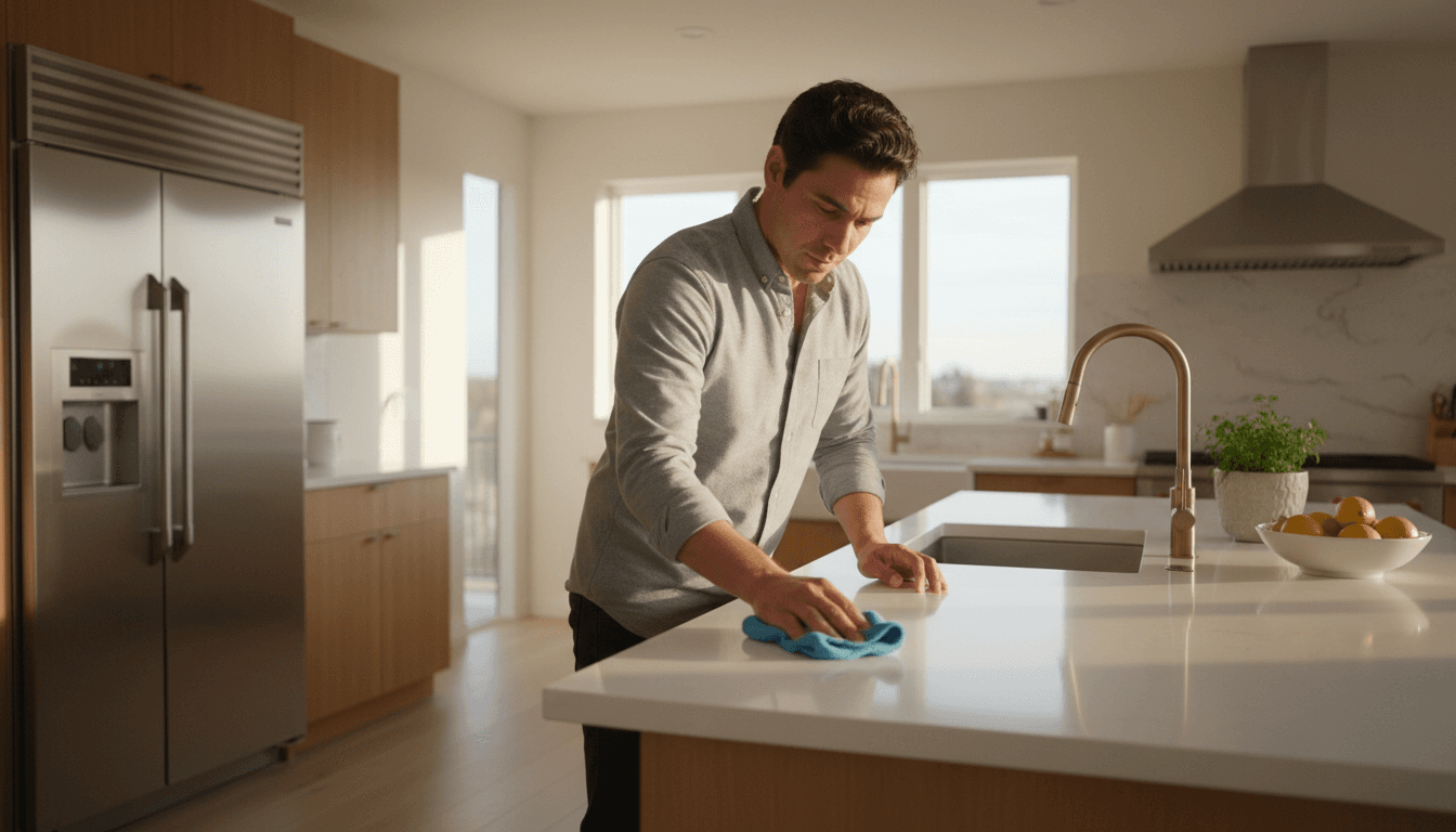 Professioneel schoonmaker verzorgt keuken met aandacht