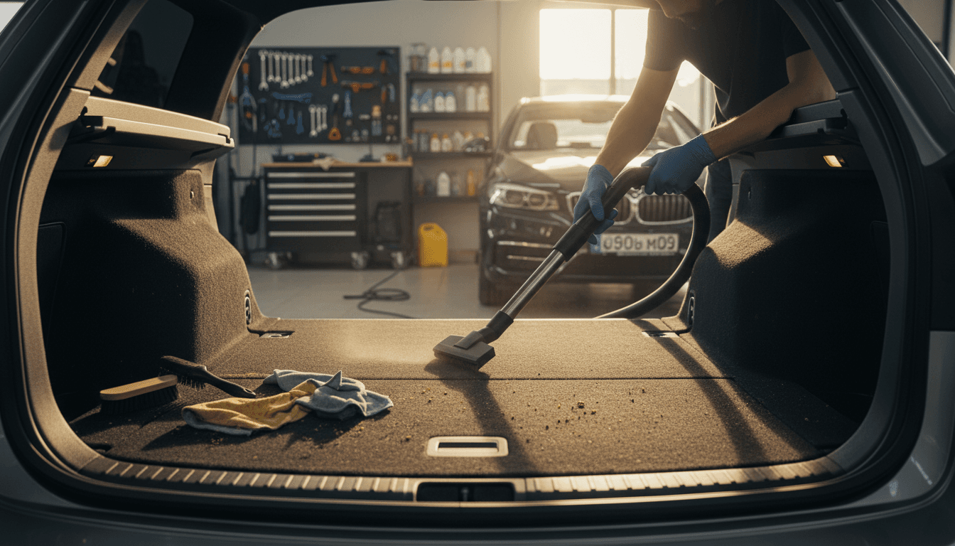 Auto bagageruimte professioneel gereinigd en ontdaan van vuil