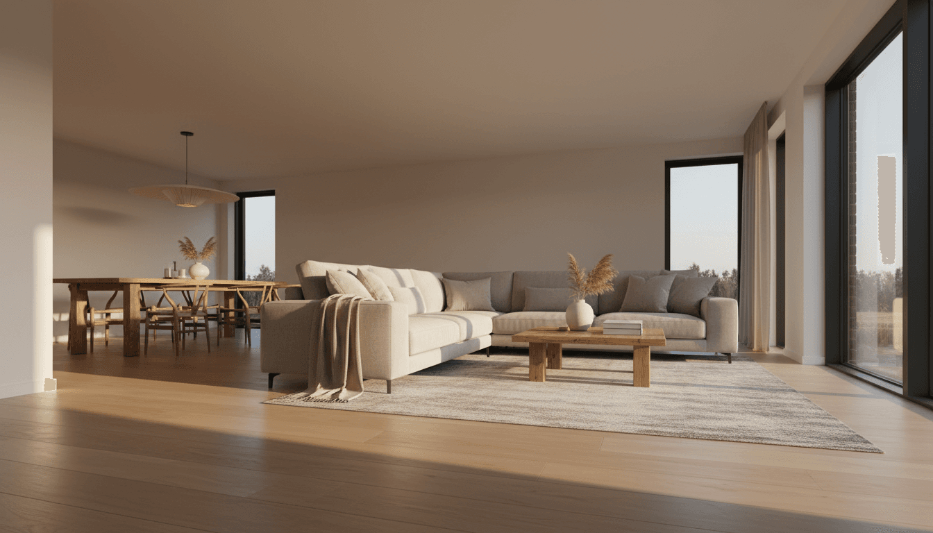 Schoon en modern interieur van een woonkamer in Bussum met warm licht