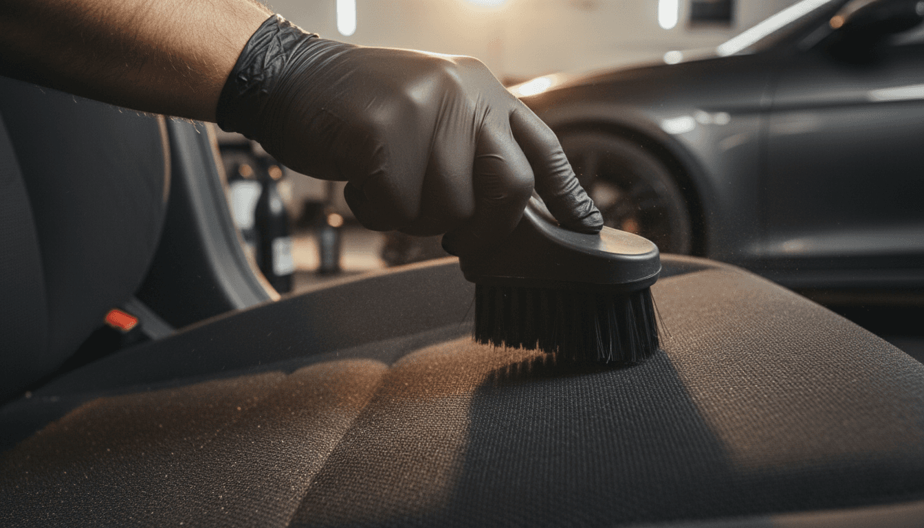 Professionele reiniging van autostoelen met gespecialiseerde borstels en technieken